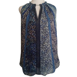 Tahari‎ Blue Mixed Print Silk Sleeveless Blouse Ruffle Sleeve Size XS